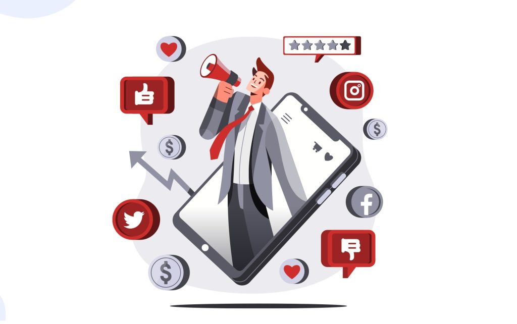 مرد بیرون آمده از صفحه موبایل با بلندگو و ابزارهای مارکتینگ