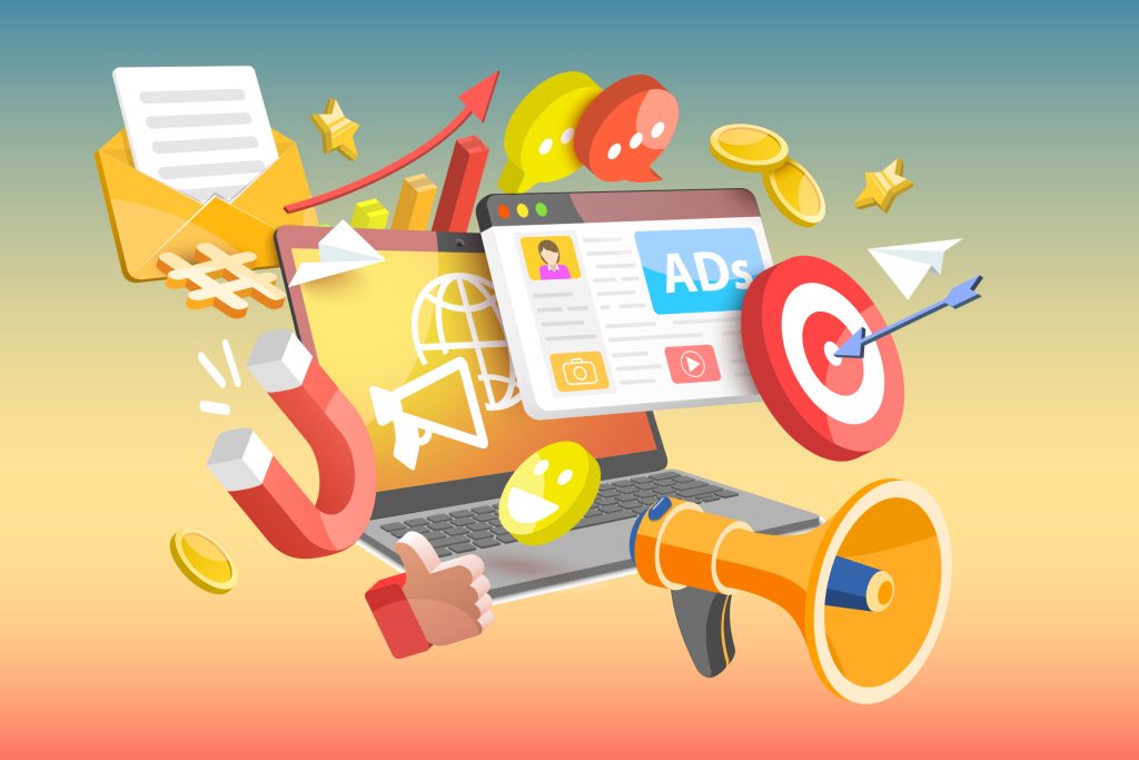 ابزارهای کارتونی دریجتال مارکتینگ بیرون آمده از لپتاپ