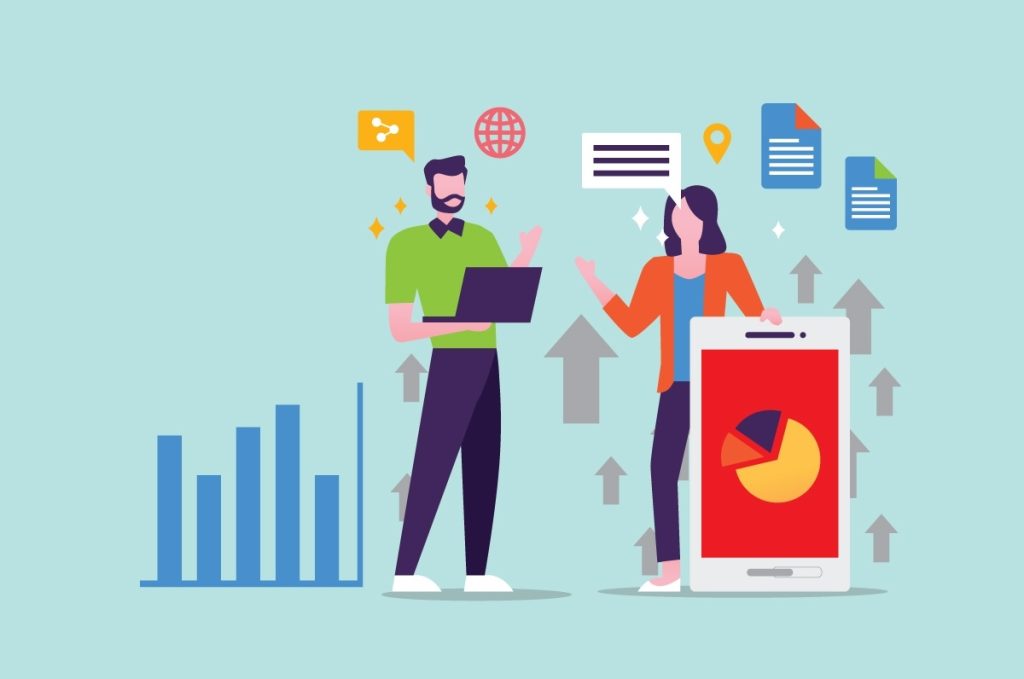 صحبت زن و مرد کارتونی کنار موبایل و آمار