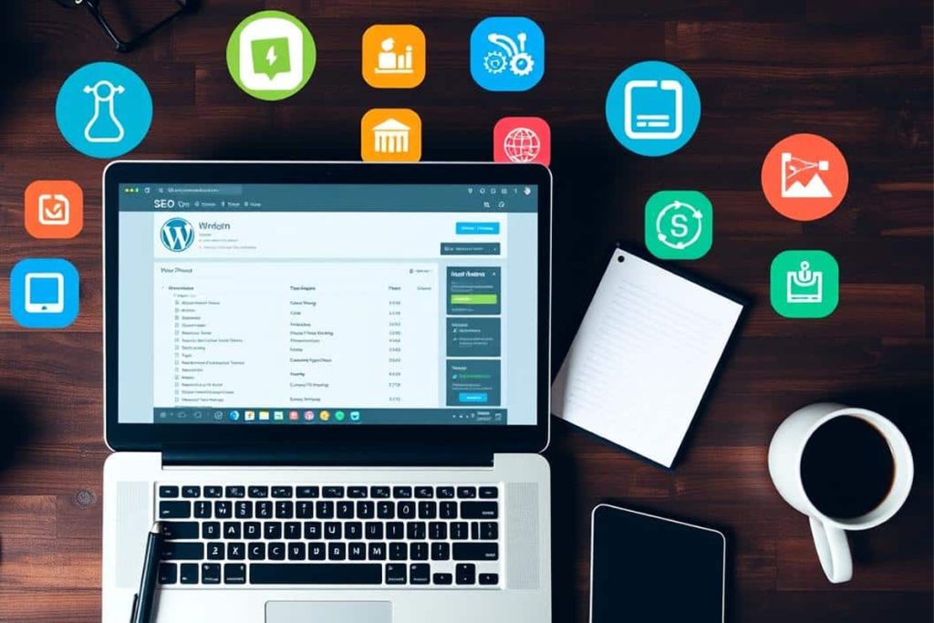 ابزارهای سئو در وردپرس روی لپتاپ کنار قهوه و دفترچه