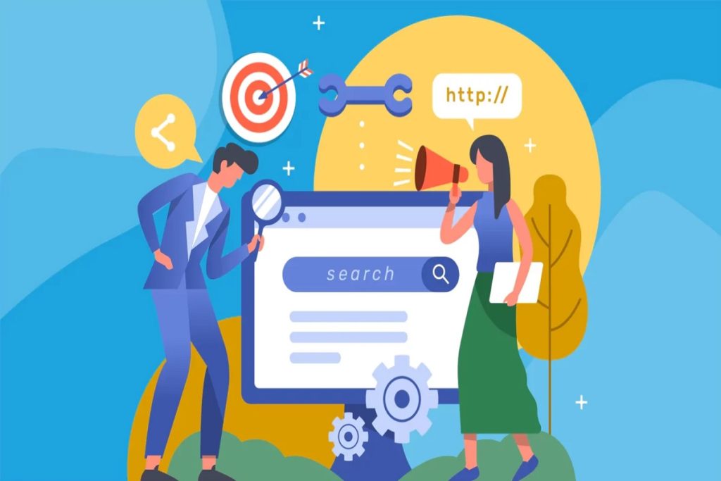 زن و مرد کارتونی روی سئو خارجی