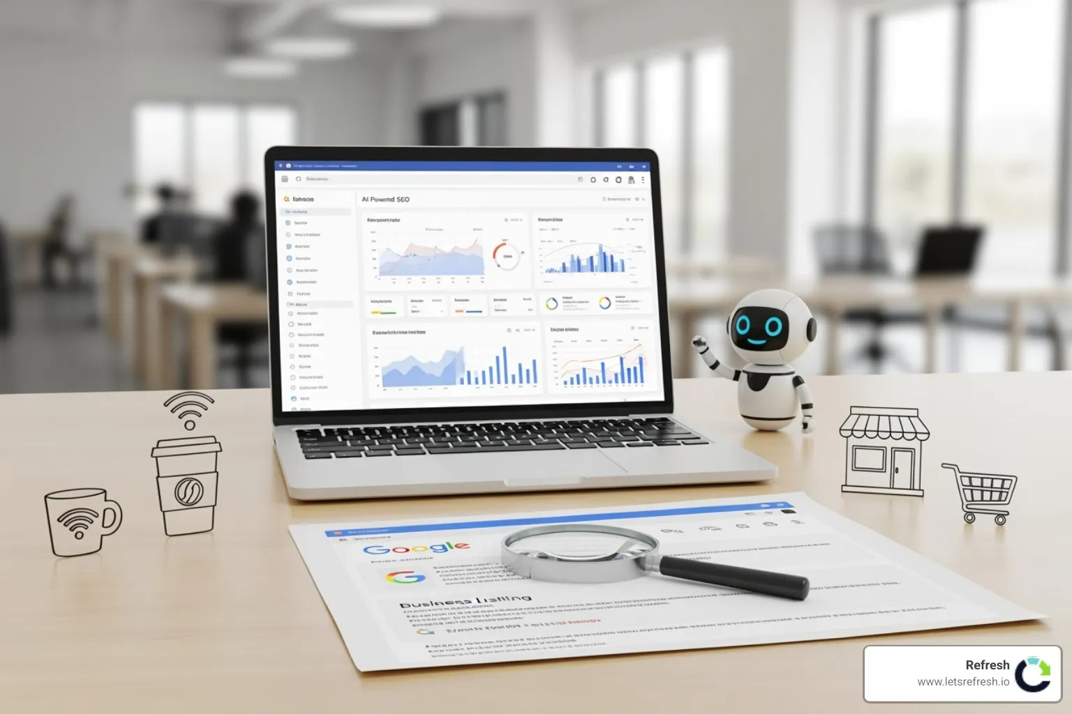 لپتاپ و ابزارهای سئو روی میز